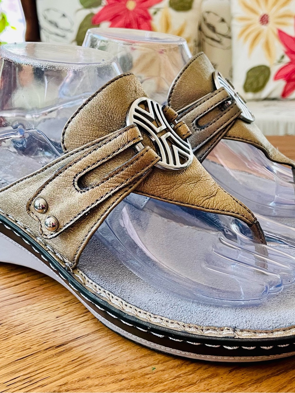 Alegria “Betty” Leather Metallic Wedge Thong Sandals with Silver Medallion